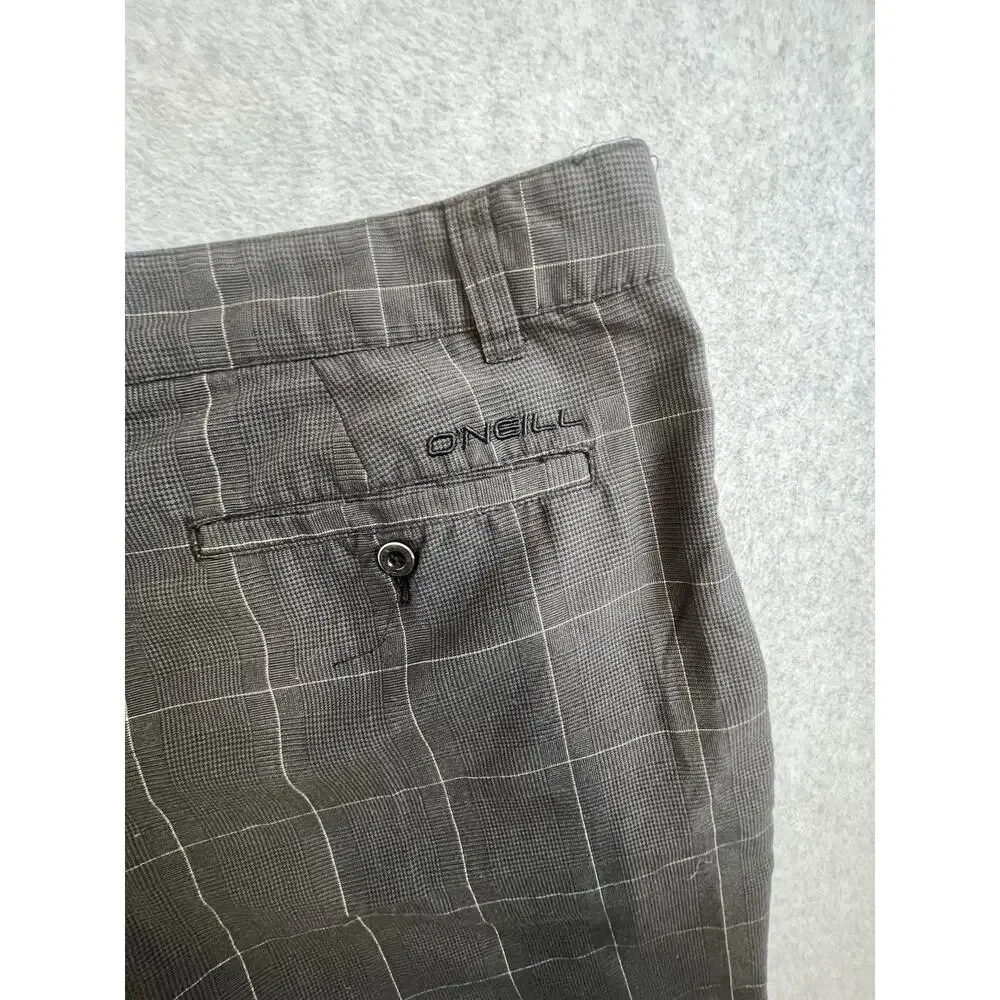 O'Neill Mens Gray Plaid Flat Front Shorts Button Closure Pockets Belt Loops